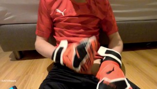 Blond boy jerk off in soccer gear and come on the soccer gear from his boyfriend