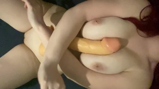 Snuggling and titty fucking with a huge monstercock dildo