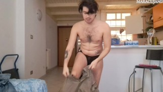 Twink in jockstrap tries on jeans assing fat while touching cock