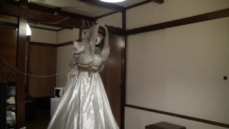 Wedding dress crossdresser self-bondage standing shibari
