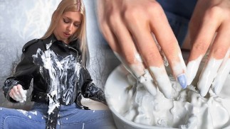 Wet and messy ice cream challenge in leather jacket and levis jeans